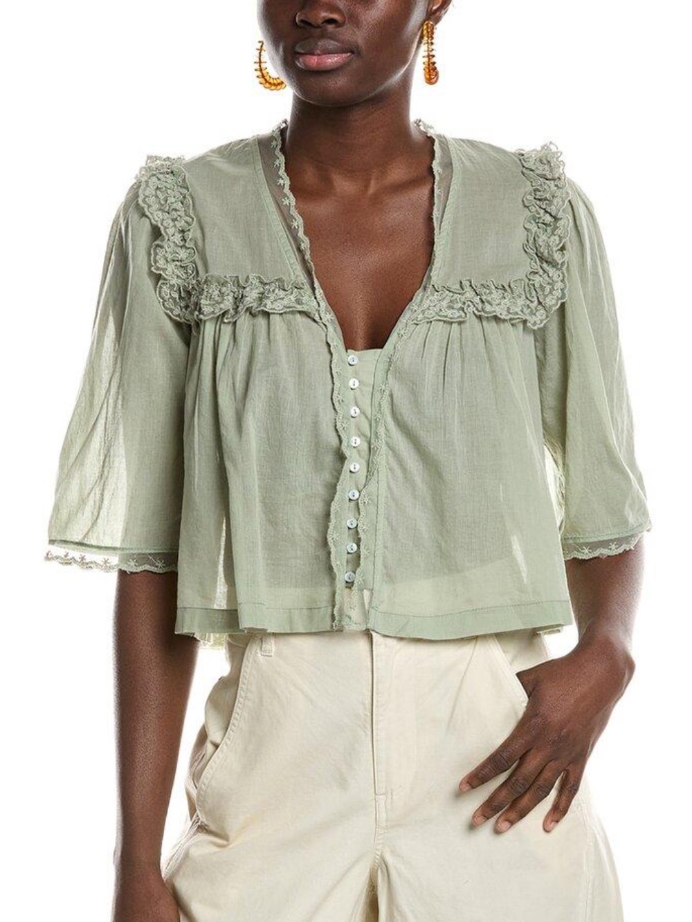 Free People Luna Top Sage / Green Sheer Cotton Ruffle Trim Boho Peasant Blouse S